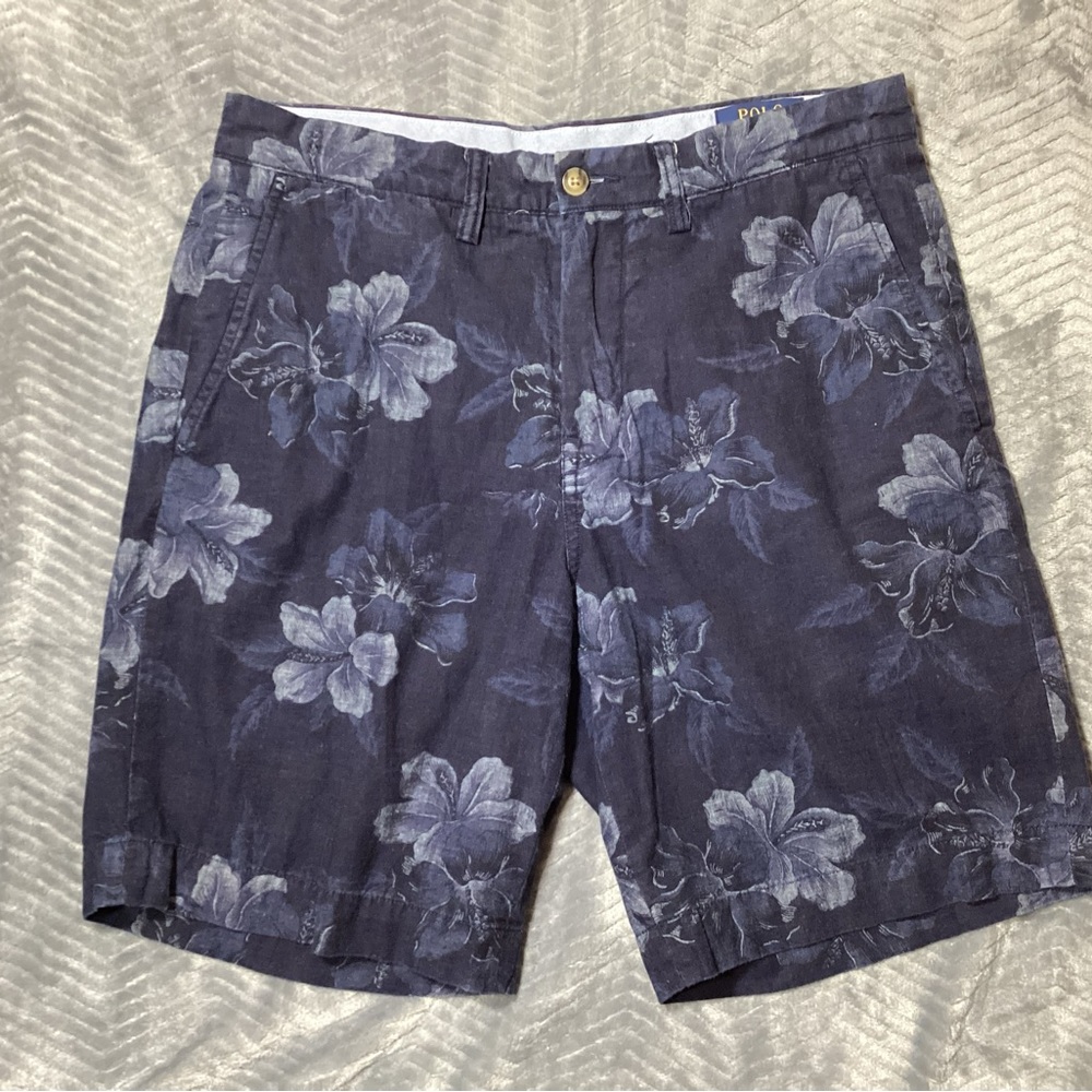 Mens Polo Ralph Lauren Hawaiian Floral Navy Blue‎ Shorts Flat Front 30.